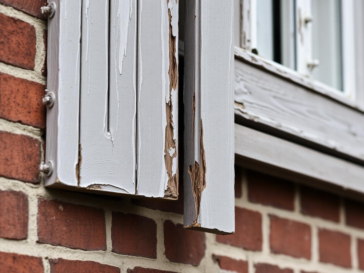 Buitenkozijn met houtrot en bladderende verf — voor het schilderwerk (demonstratiebeeld)